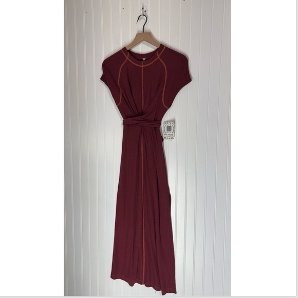 Free People Sunni Dress XS Wild Ginger Burgundy Tie back Knit Midi NWT REVOLVE - Picture 7 of 7